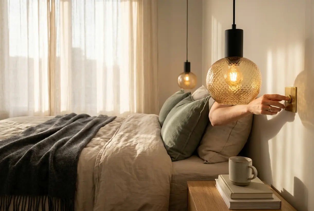 Hands adjusting sculptural glass bedside pendant light in Scandinavian master bedroom with layered warm lighting