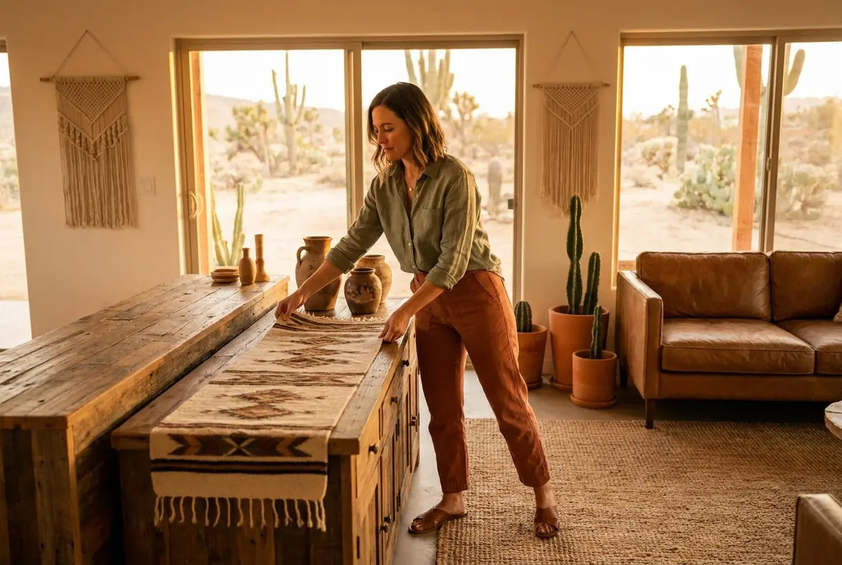 Southwest home decor living room with bohemian styling and earthy desert palette