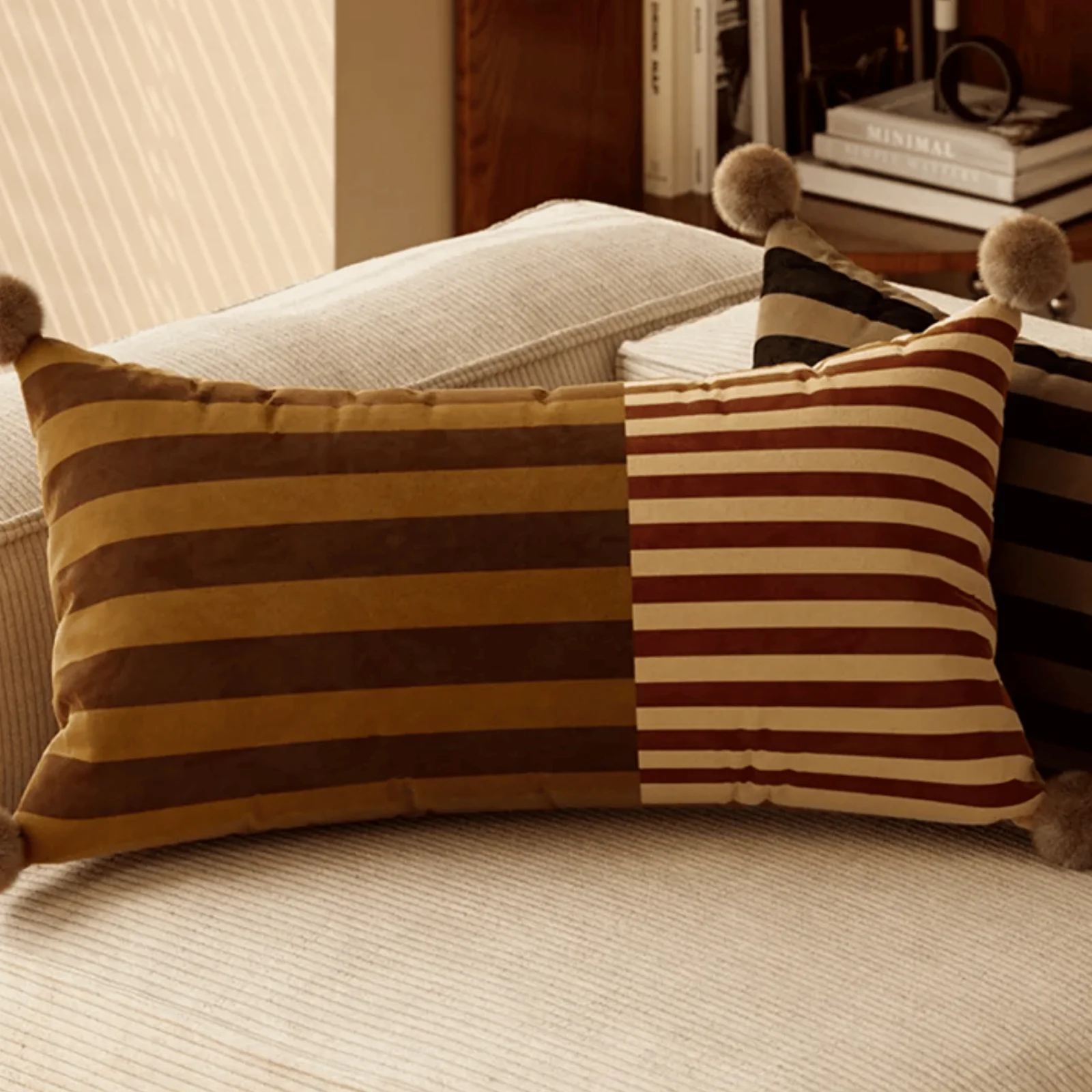 Velvet Pom Striped Pillowcase by Skonne, Throw Pillows, Frilla Decorative Bolster Pillow