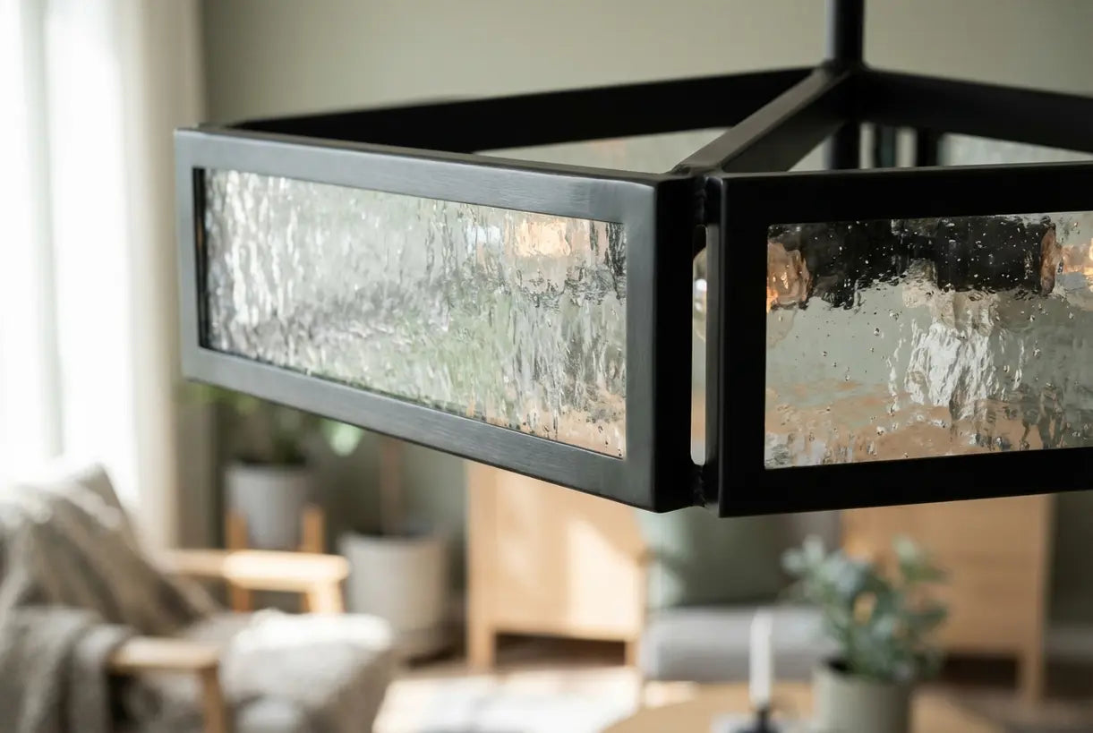 Geometrische zeshoekige plafondlamp met hoekig metalen frame en warme interieur gloed