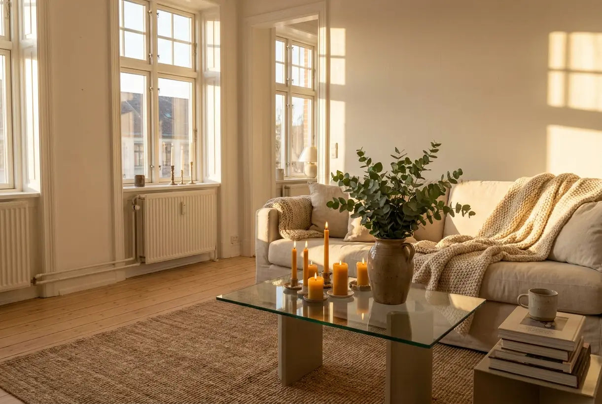 Sunlit Scandinavian living room with natural light, candles and minimalist decor for warm home atmosphere.