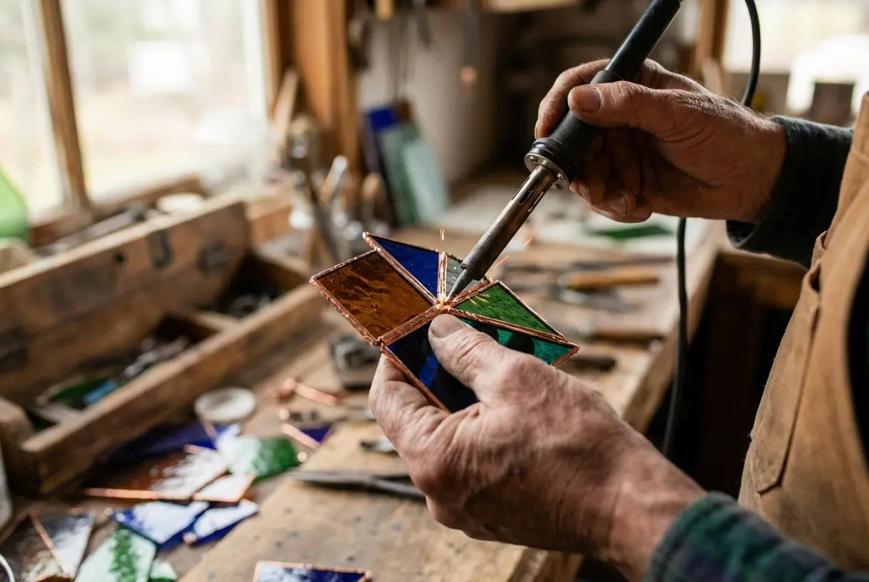 Handen van een ambachtsman solderen glas-in-loodstukjes voor een Tiffany-vloerlamp met de kopertechniek