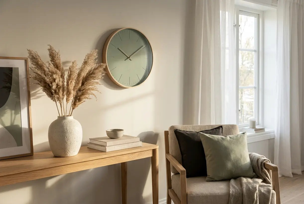 Skandinavisches Wohnzimmer mit salbeigrüner Wanduhr und natürlicher Dekoration