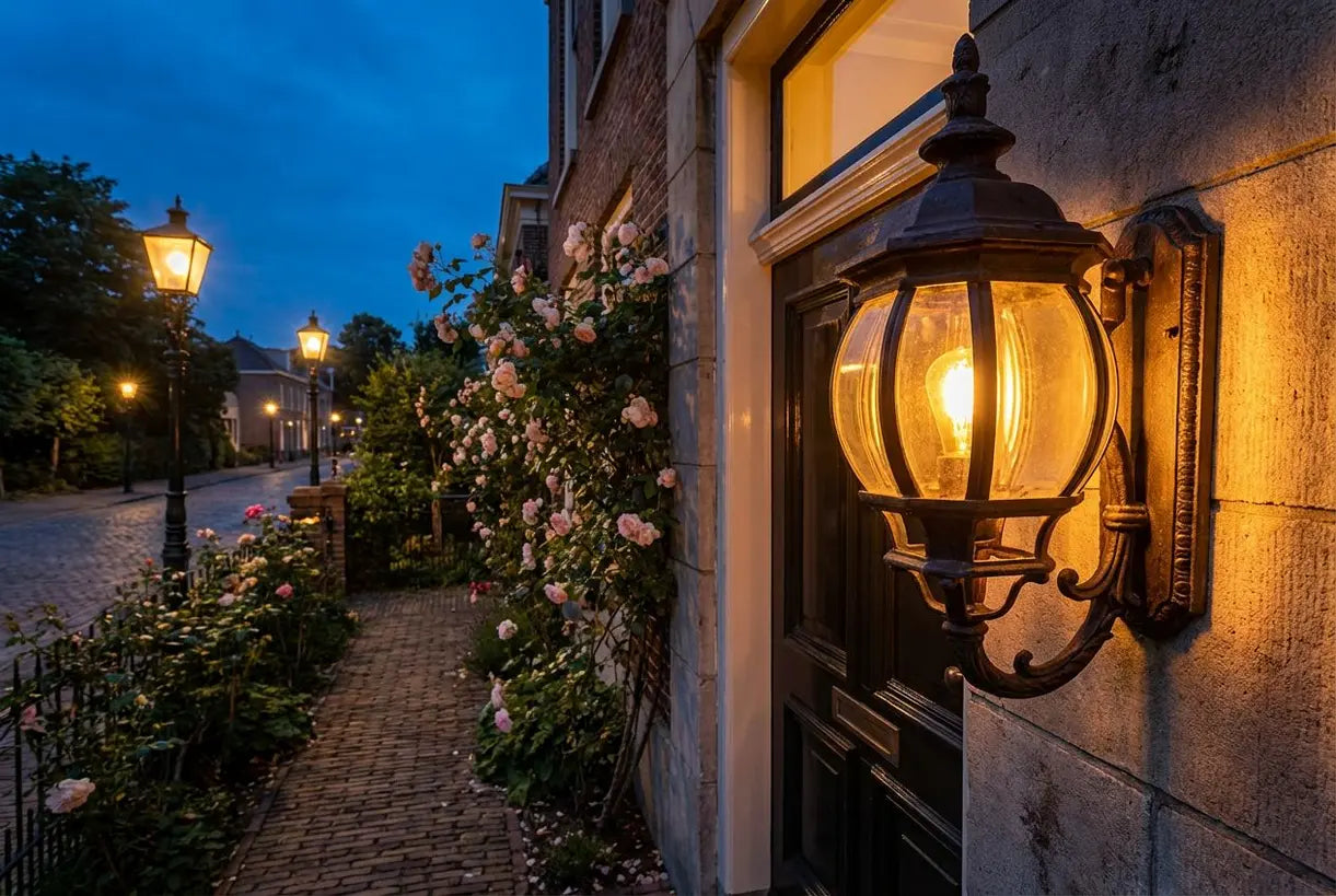 Huis in Victoriaanse stijl met sierlijke buitenlamp verlicht 's avonds