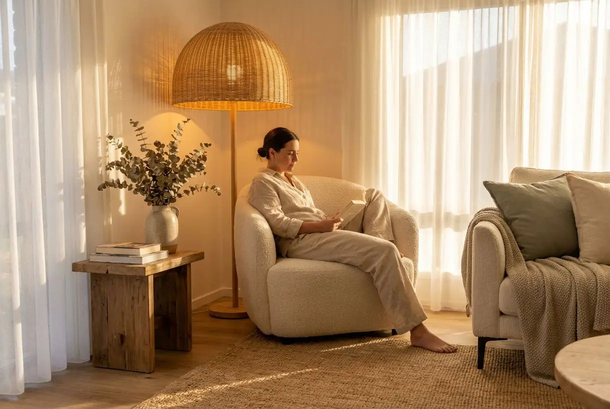 Boho kustwoonkamer met rotan vloerlamp die warme sfeerverlichting creëert in Scandinavisch interieur