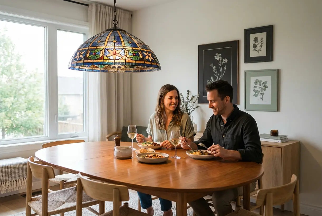 Stained glass pendant light illuminating a modern dining room with warm colorful glow over wooden table