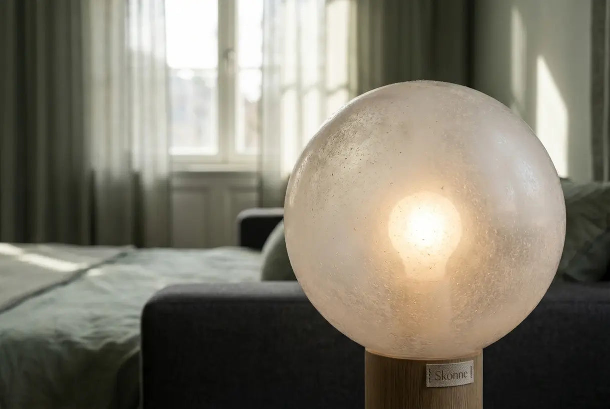 Close-up van matglazen bolvormige vloerlampenkap met warm gediffuseerd licht