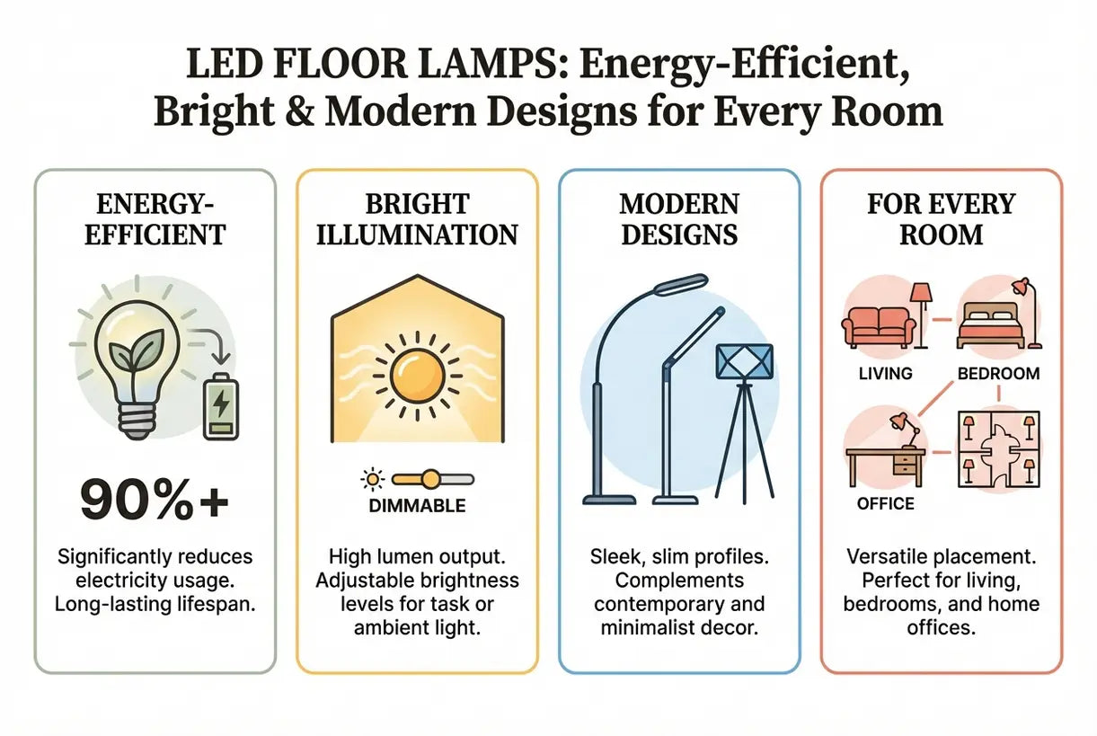 LED Vloerlampen: Energiezuinig, helder & moderne ontwerpen voor elke kamer - infographic