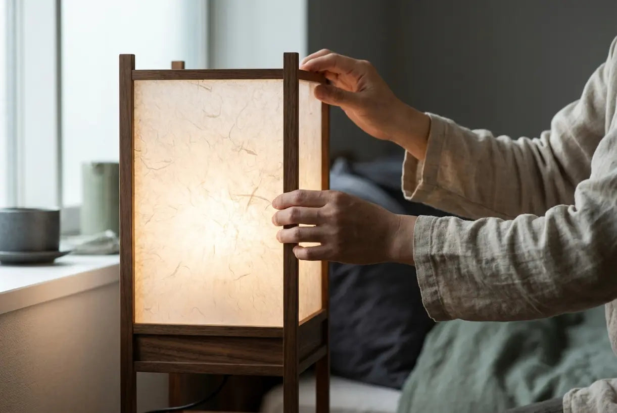 Handen stellen de kap van een Japanse tafellamp van rijstpapier bij, met warm sfeerlicht