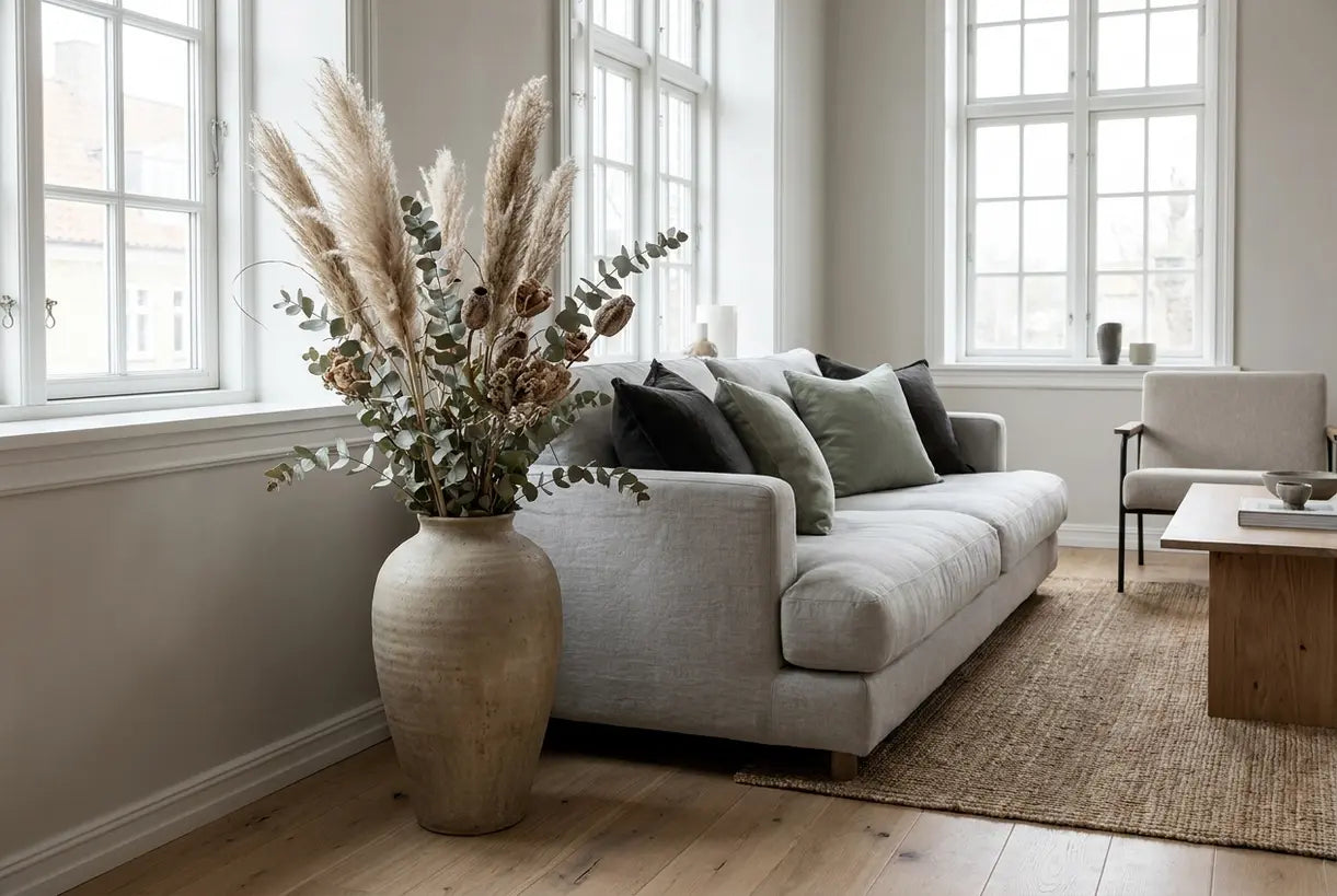 Scandinavian living room with tall floor vase as sculptural centerpiece