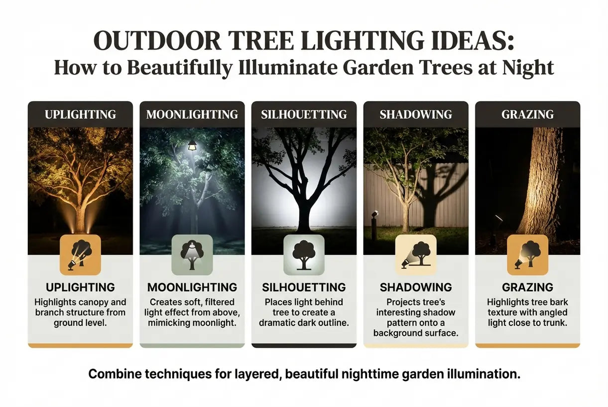 Ideeën voor boomverlichting: zo verlicht je bomen in de tuin 's avonds prachtig - infographic