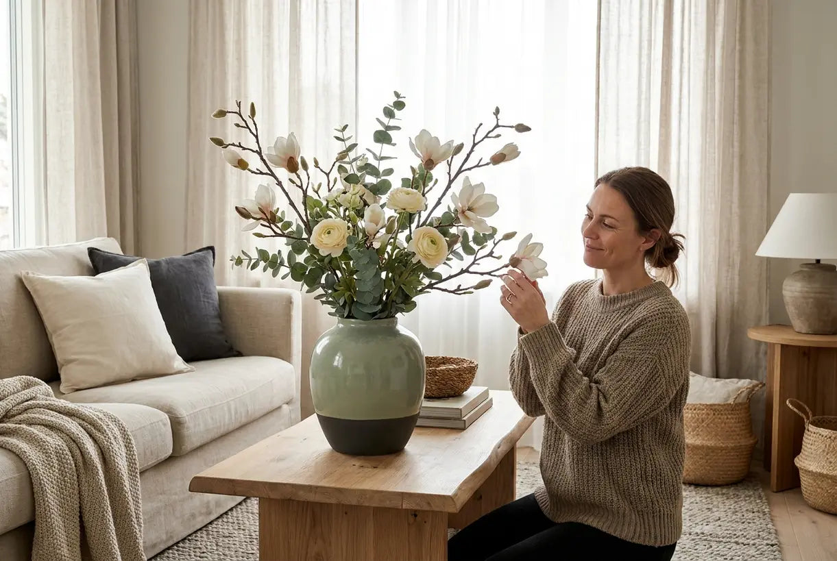 Skandinavisches Wohnzimmer mit einer Frau, die ein Arrangement aus Kunstblumen in einer Vase gestaltet