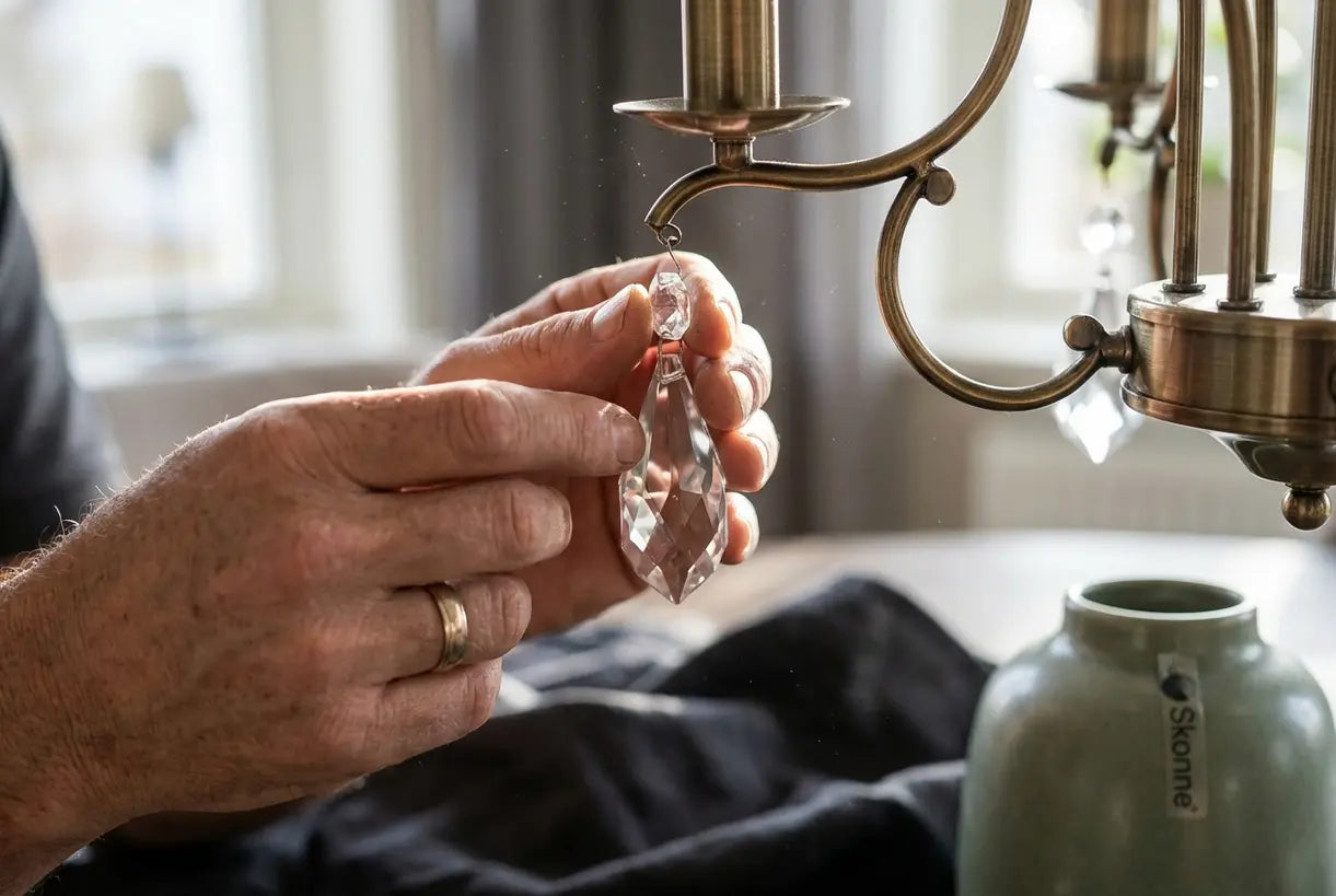 Handen die kristallen kroonluchterkristallen aanpassen, met precisievakmanschap en elegante details