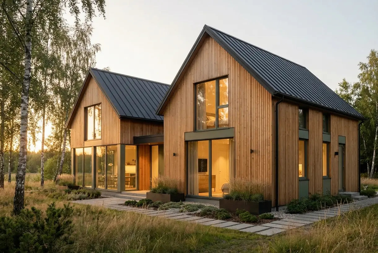 Moderne Scandinavische woning met houten gevelbekleding en antraciet dak tijdens het gouden uur