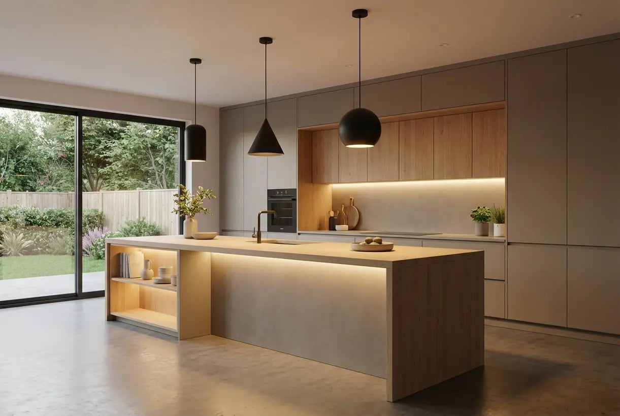 Three matte black pendant lights over a kitchen island