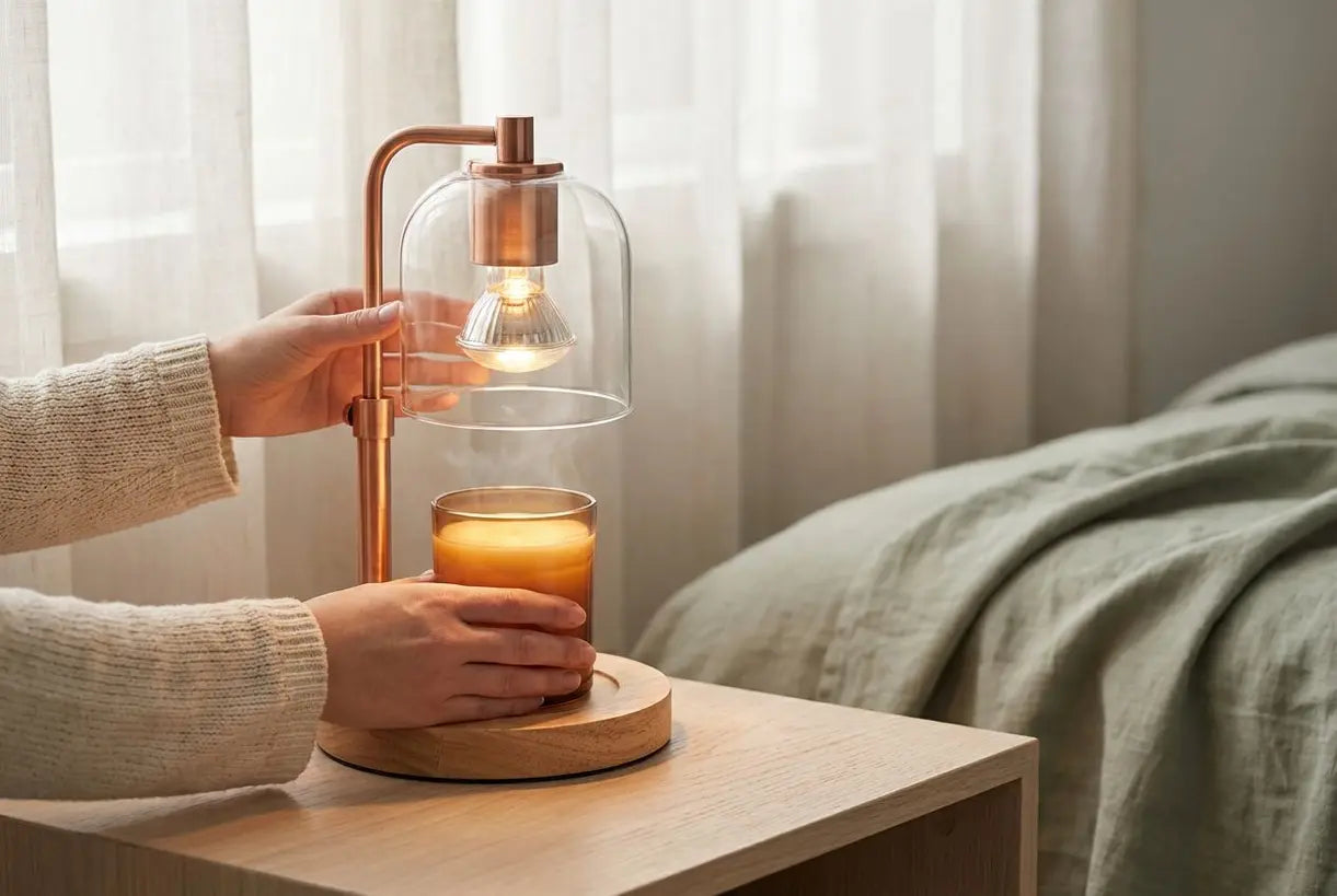 Close-up van handen die een moderne glazen kaarsverwarmerlamp aanpassen op een houten nachtkastje met een warme amberkleurige gloed