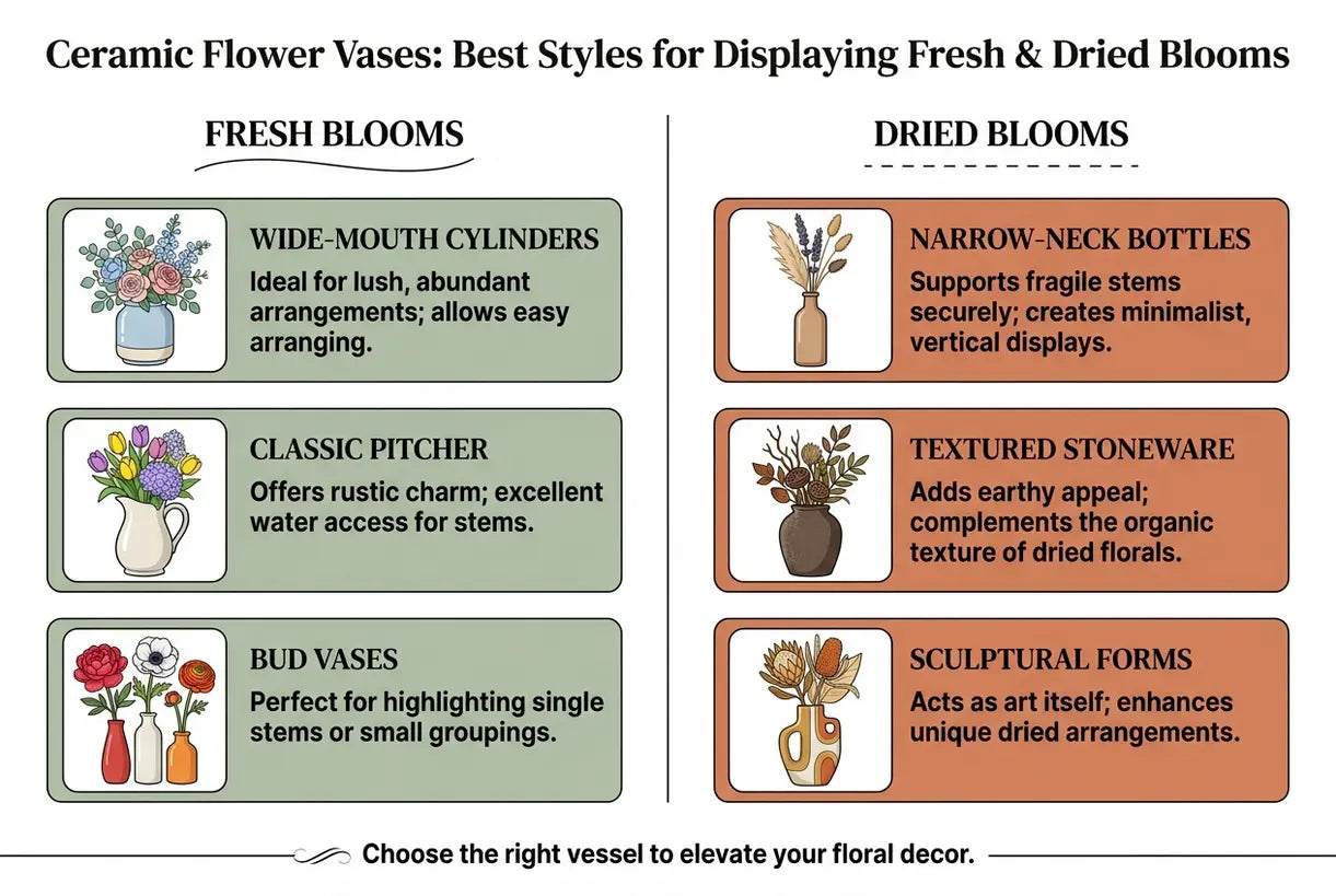 Keramik-Blumenvasen: Beste Stile zum Präsentieren von frischen und getrockneten Blüten - Infografik