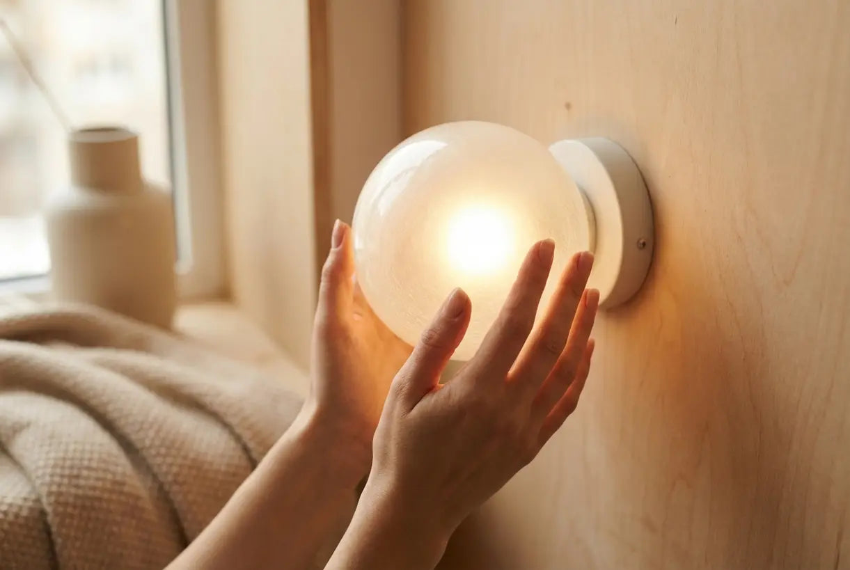 Handen stellen een wandlamp met matglazen bol bij in een Scandinavisch interieur