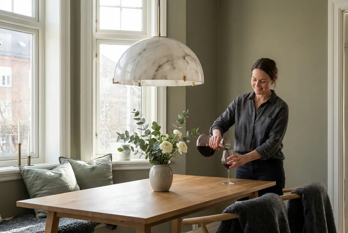 Marmeren hanglamp in een Scandinavische eetkamer, een natuurstenen lamp boven een houten tafel