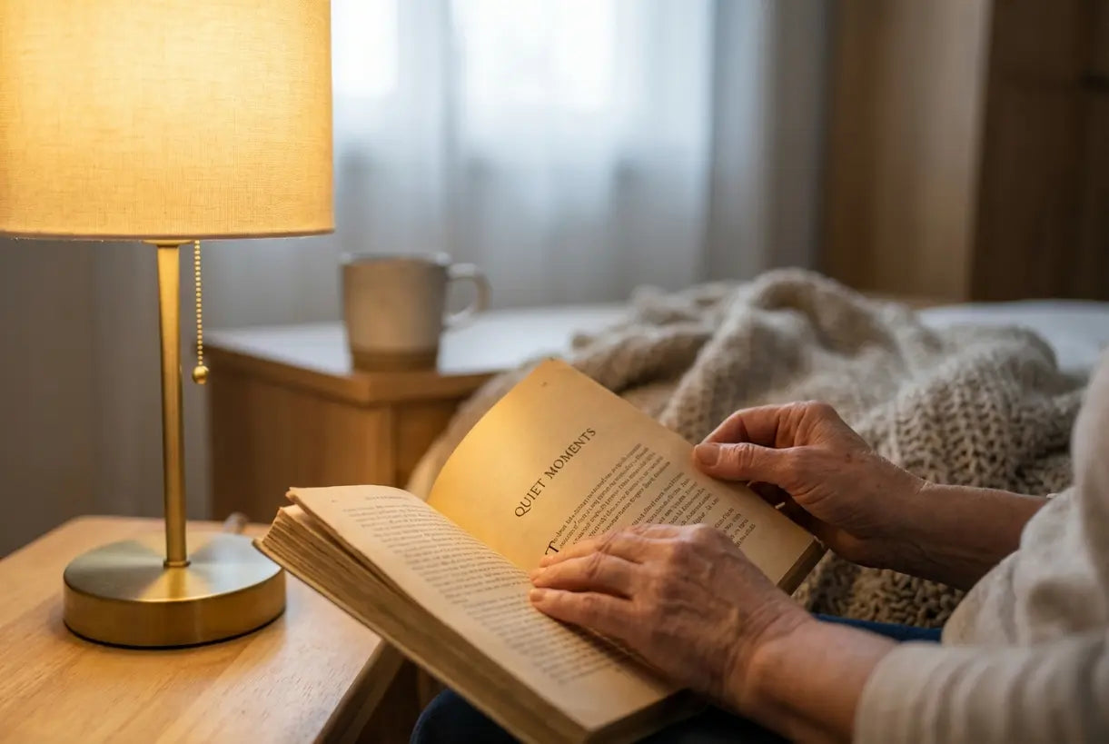 Handen lezen boek onder nachtleeslamp met warm sfeerlicht