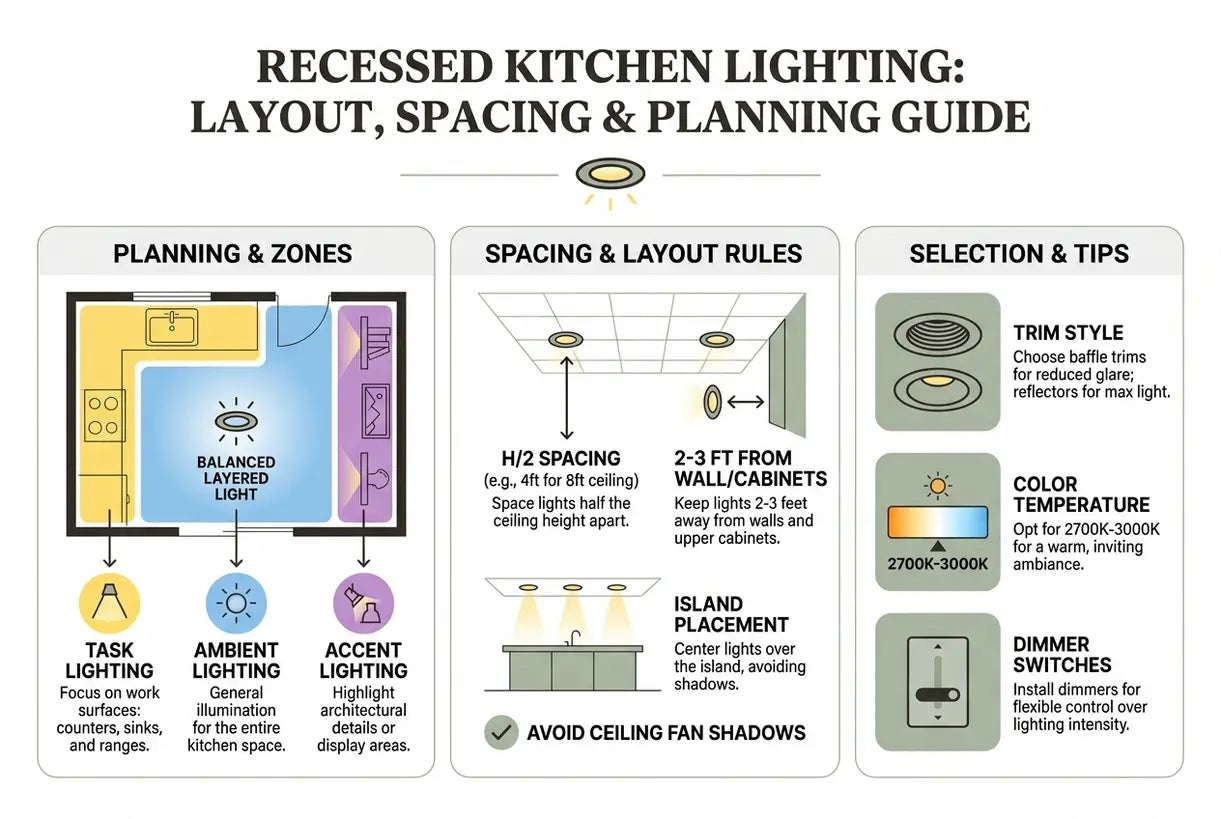 Recessed Kitchen Lighting: Layout, Spacing & Planning Guide for Can Lights in Your Kitchen - infographic