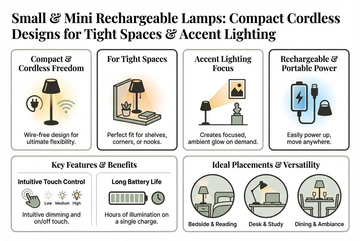 Kleine & Mini Oplaadbare Lampen: Compacte Draadloze Ontwerpen voor Krappe Ruimtes & Accentverlichting - infographic