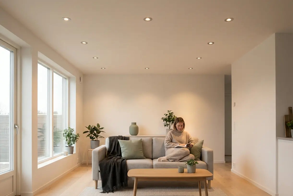 Moderne woonkamer met inbouwspots in het plafond die warm sfeerlicht geven