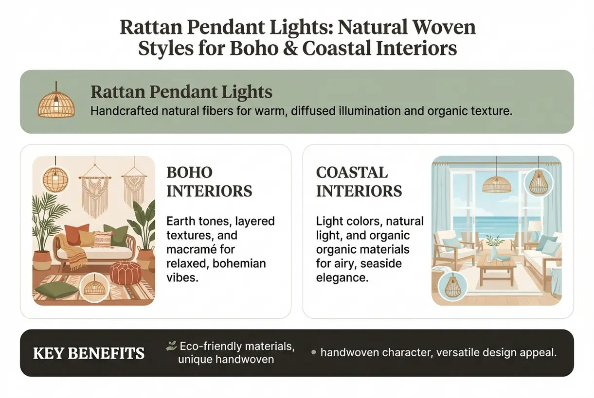 Rattan Pendant Lights: Natural Woven Styles for Boho & Coastal Interiors - infographic