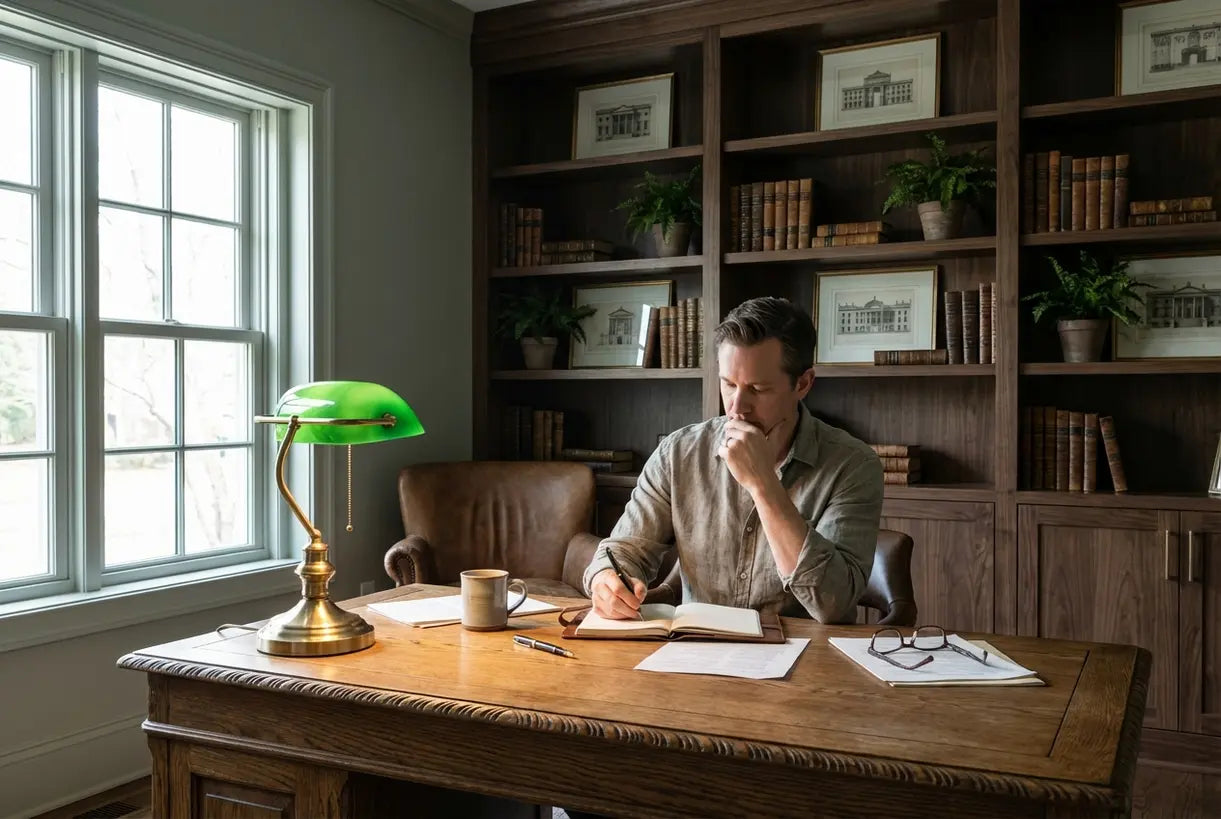Traditionele groen glazen bankierslamp op houten bureau in een elegante thuiskantooromgeving
