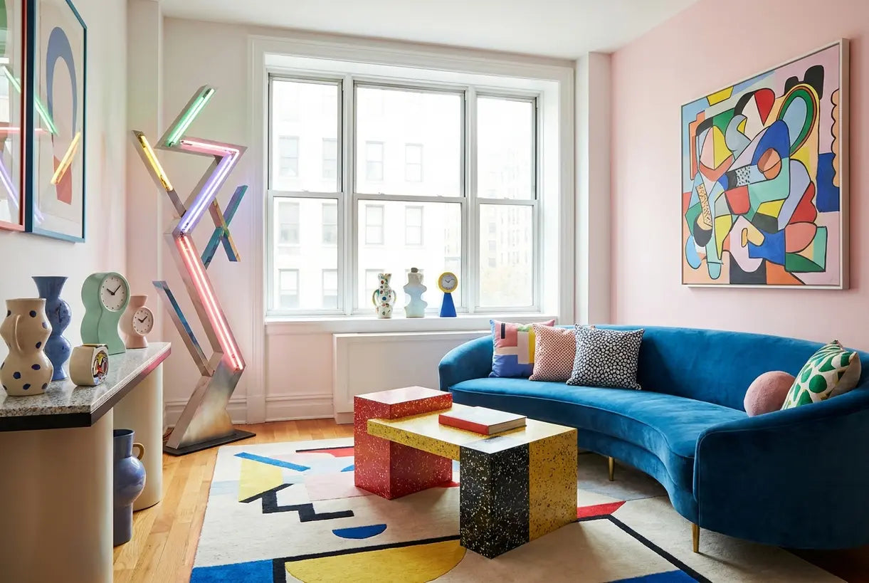 Postmodern living room interior with bold colors and geometric furniture