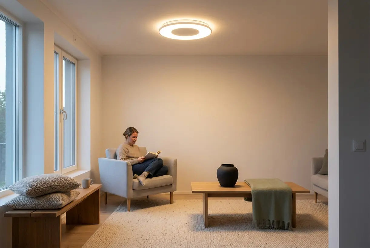 Scandinavische woonkamer met geïntegreerde LED-plafondlamp die een warme sfeervolle ambiance creëert