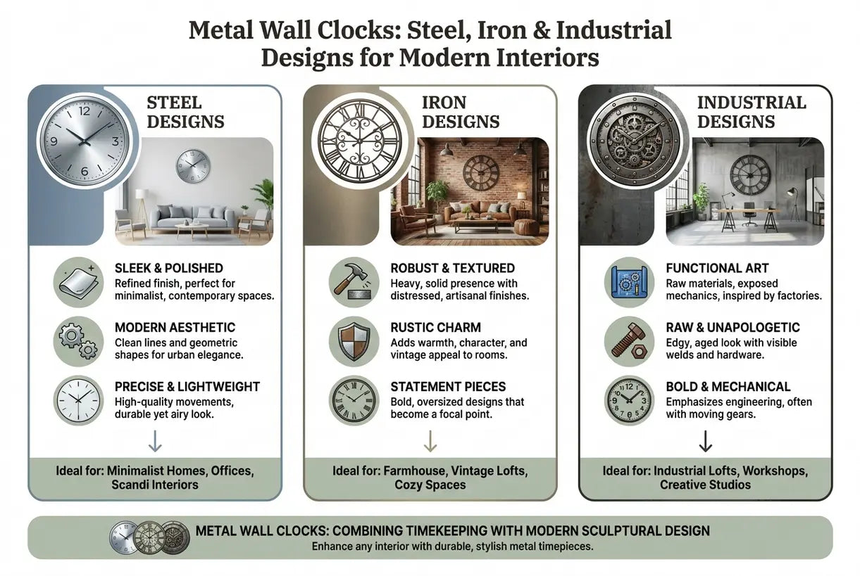 Metallwanduhren: Stahl, Eisen & Industriedesigns für moderne Innenräume - Infografik