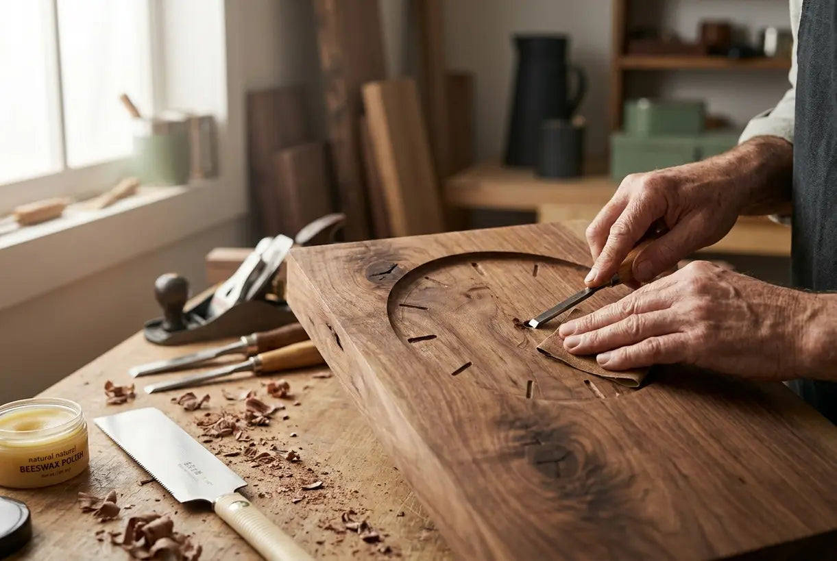 Kunsthandwerker fertigt eine Holz-Wanduhr mit natürlicher Maserung, dazu skandinavische Design-Werkzeuge