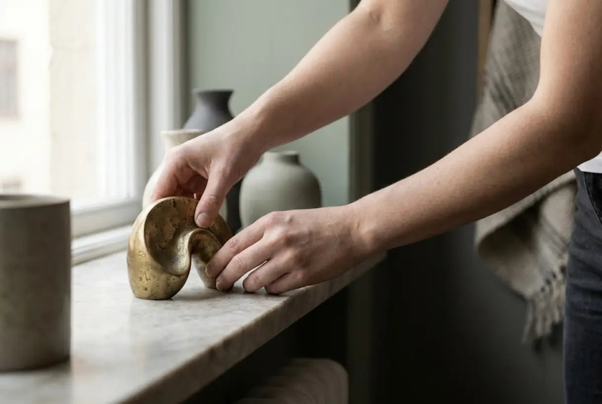 Hands placing sculptural brass home decor accent on marble shelf