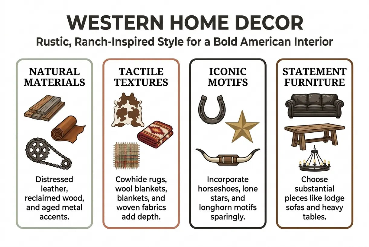 Western Home Decor: Rustic, Ranch-Inspired Style for a Bold American Interior - infographic