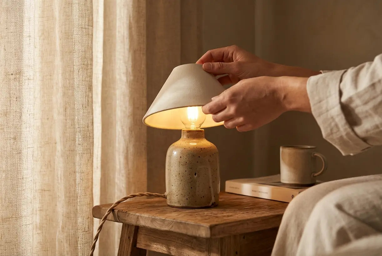 Iemand stelt een betaalbare keramische tafellamp bij op een houten nachtkastje