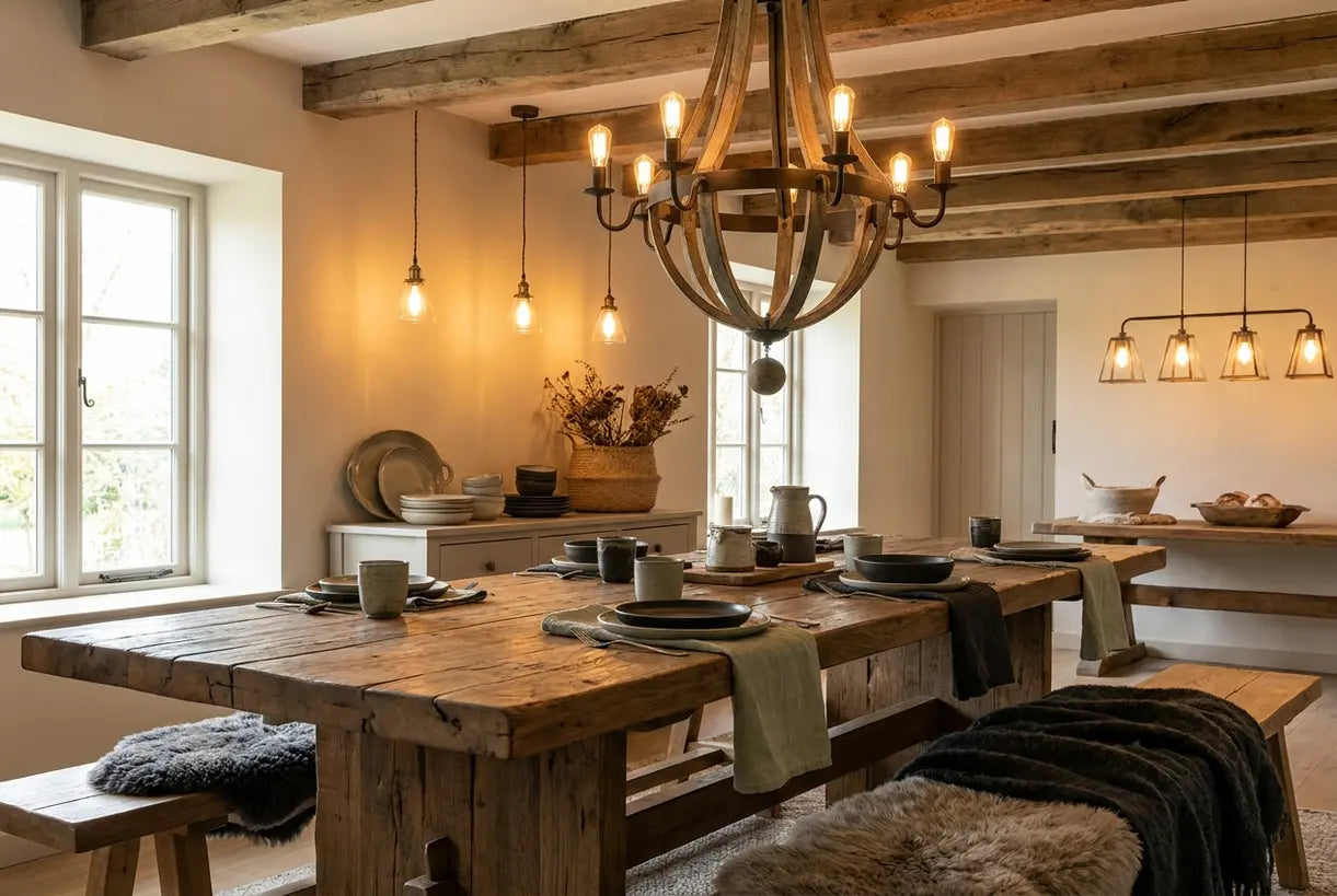 Rustic dining room with warm natural lighting fixtures creating cozy country atmosphere