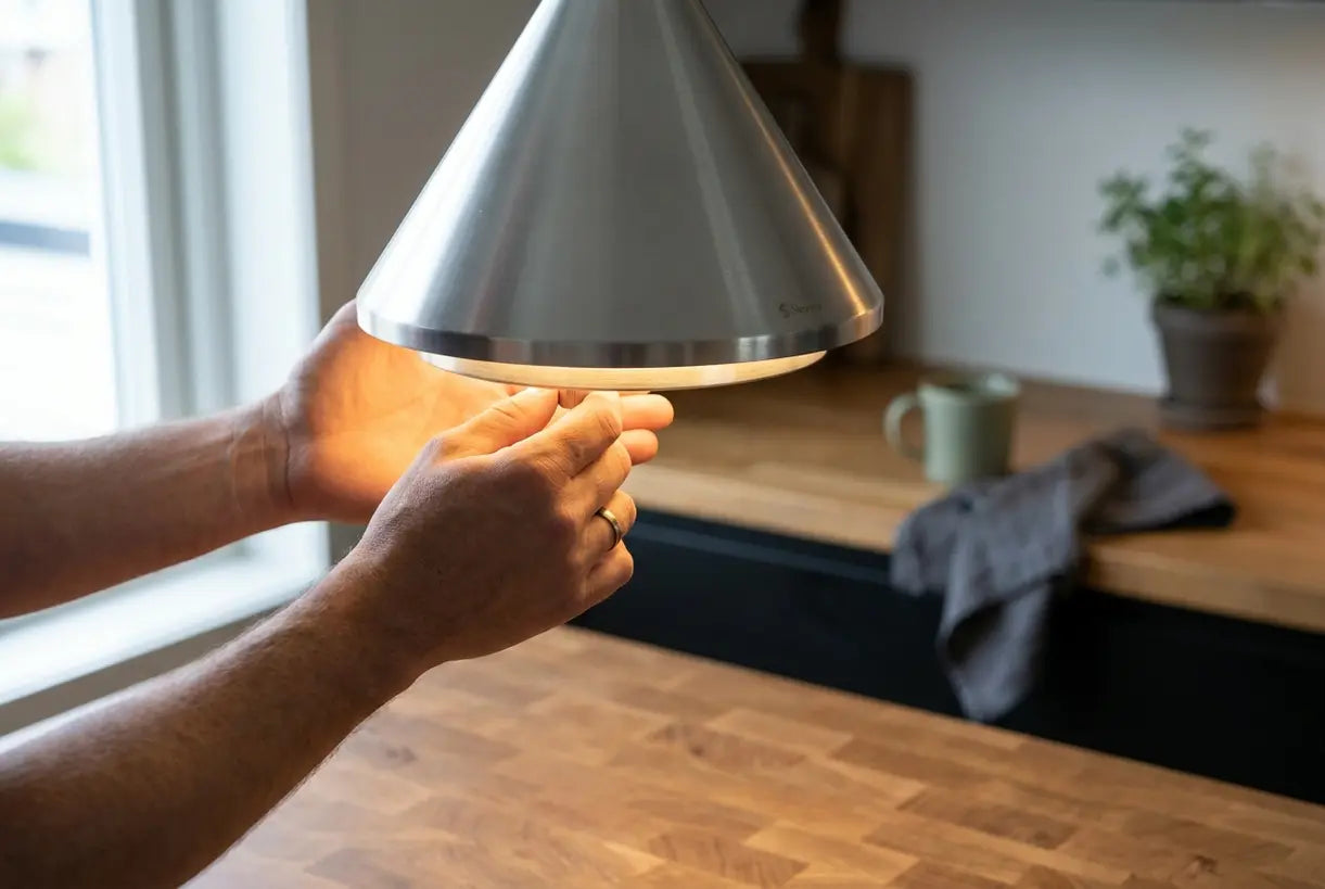 Close-up of hands adjusting a Scandinavian LED pendant light with warm glow over kitchen island
