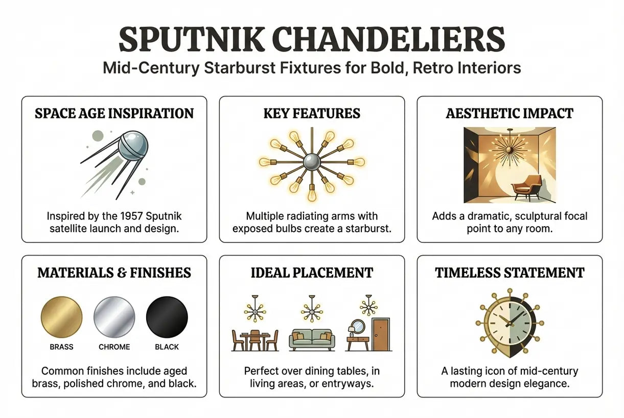Sputnik Chandeliers: Mid-Century Starburst Fixtures for Bold, Retro Interiors - infographic