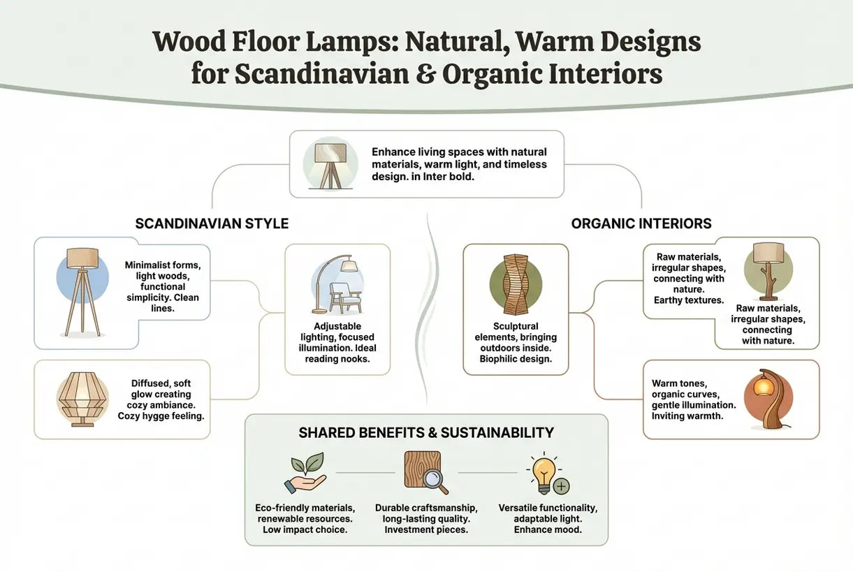 Houten vloerlampen: natuurlijke, warme ontwerpen voor Scandinavische en organische interieurs - infographic