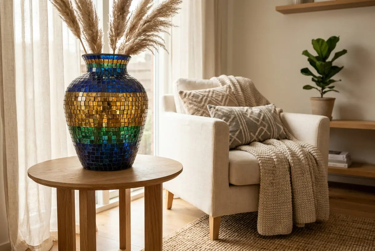 Colorful mosaic flower vase styled in Scandinavian living room interior