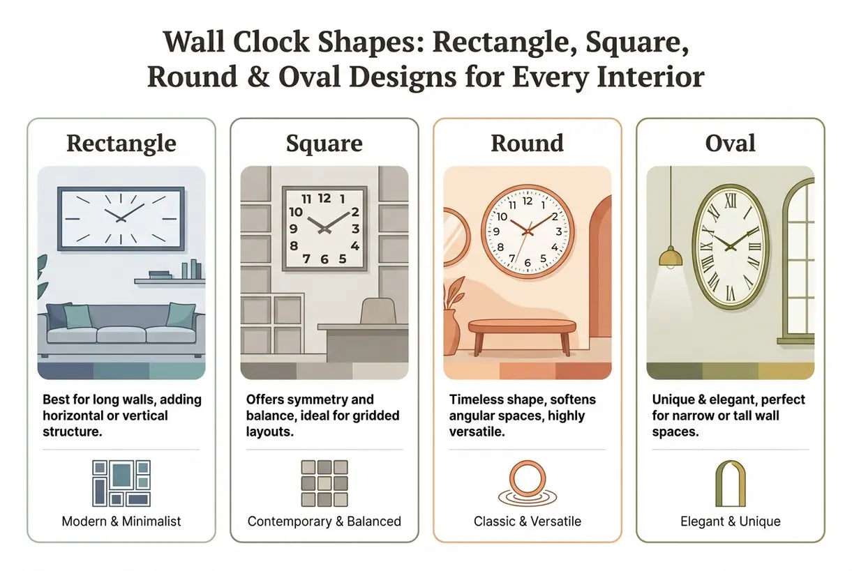 Wanduhrformen: Rechteckige, quadratische, runde und ovale Designs für jedes Interieur - Infografik