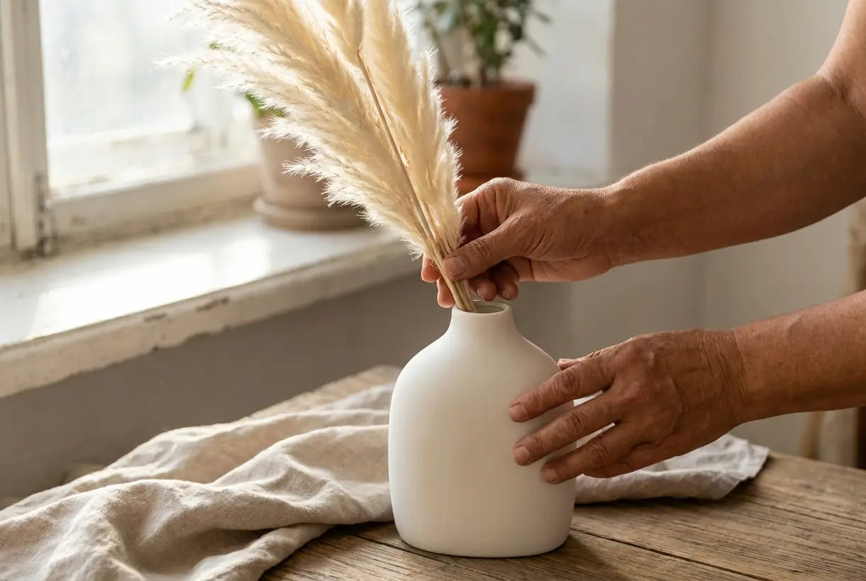 Hände arrangieren getrocknete Blumen in großer weißer Keramikvase, skandinavische Wohndekoration