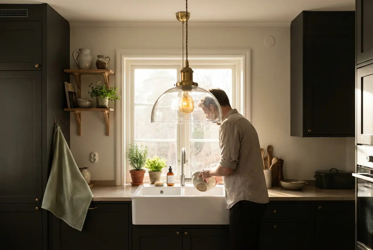 Scandinavian kitchen with pendant light over farmhouse sink in natural light