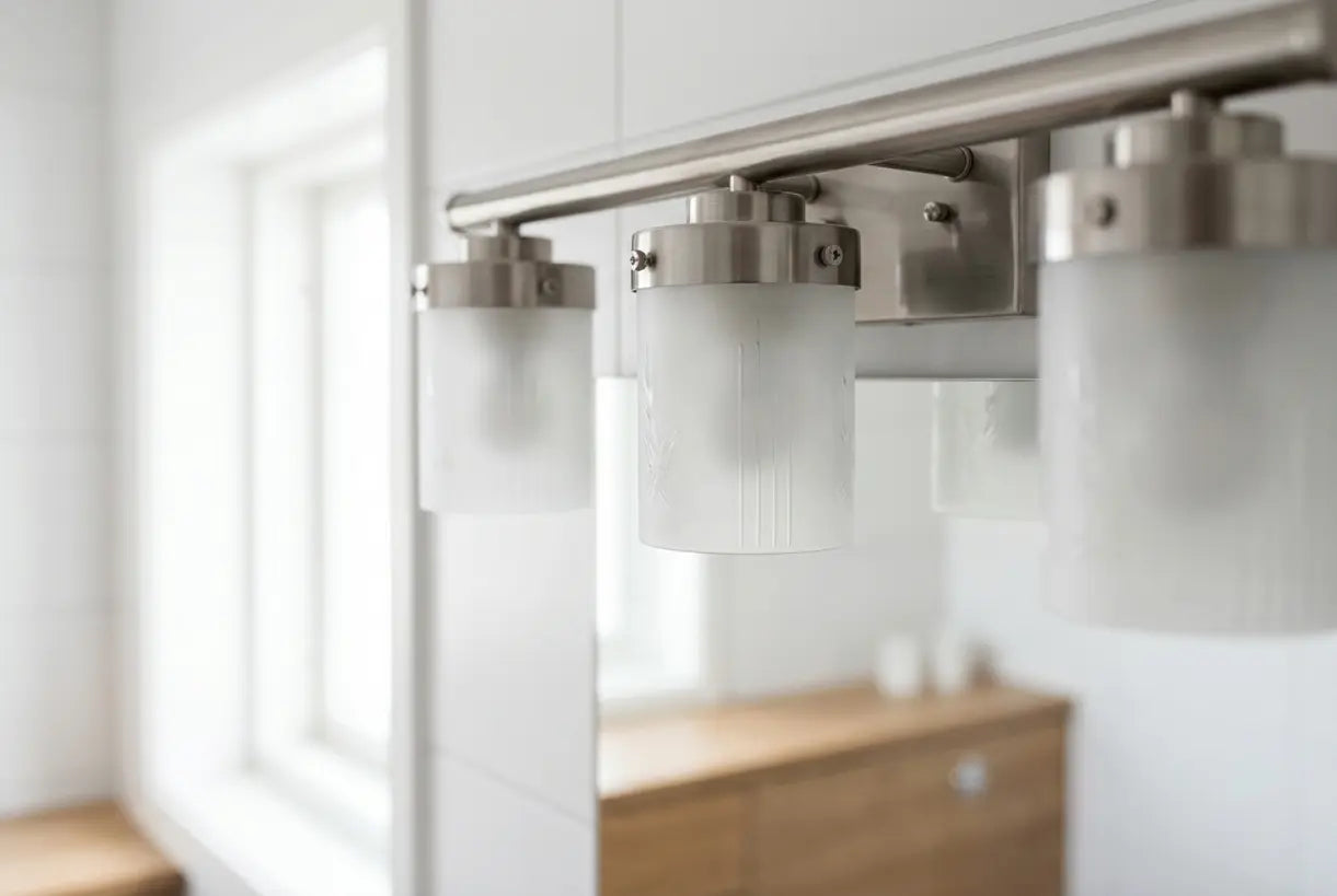 Close-up of modern bathroom vanity light fixture with frosted glass globes and brushed nickel finish