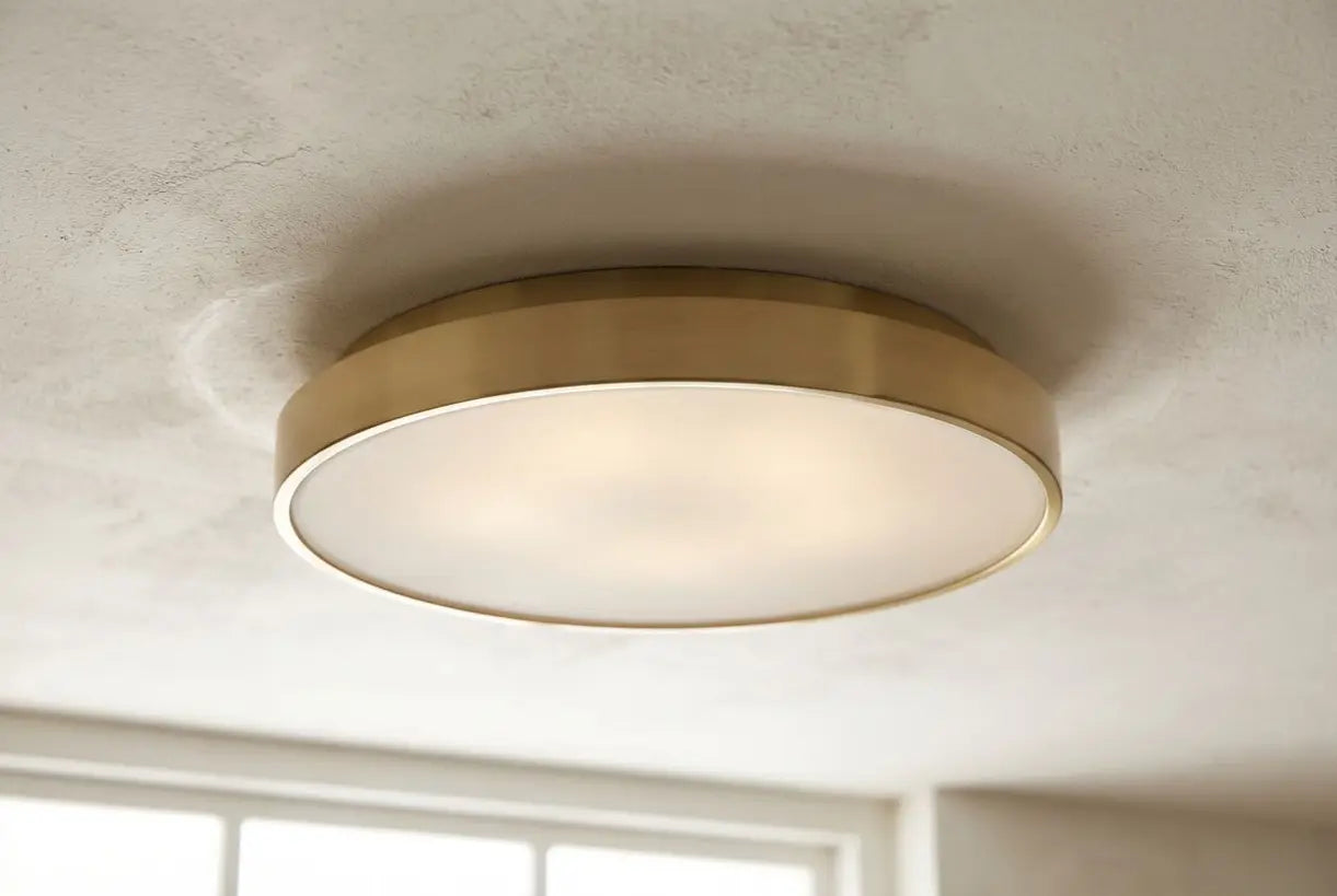 Detailopname van een moderne plafondlamp voor vlakke montage in strak Scandinavisch design