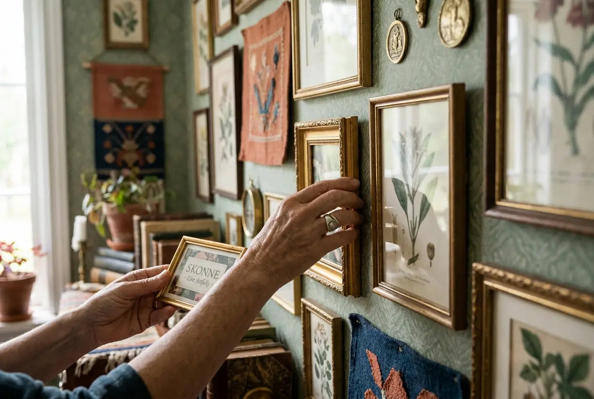 Hands arranging eclectic gallery wall art in maximalist home decor style