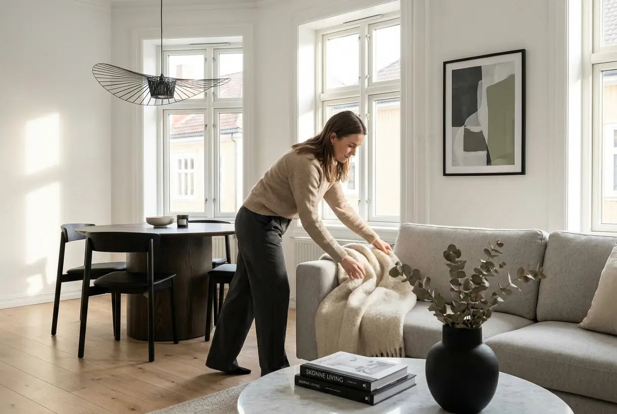 Scandinavian living room with black pendant light and monochrome decor, modern black and white home interior design.