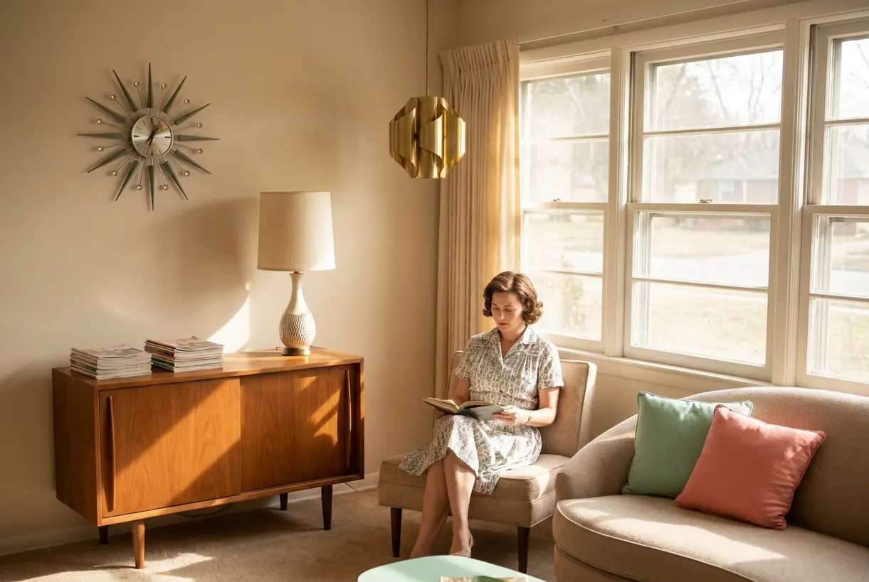 1950s inspired living room with mid-century modern furniture, atomic starburst decor, and warm natural lighting