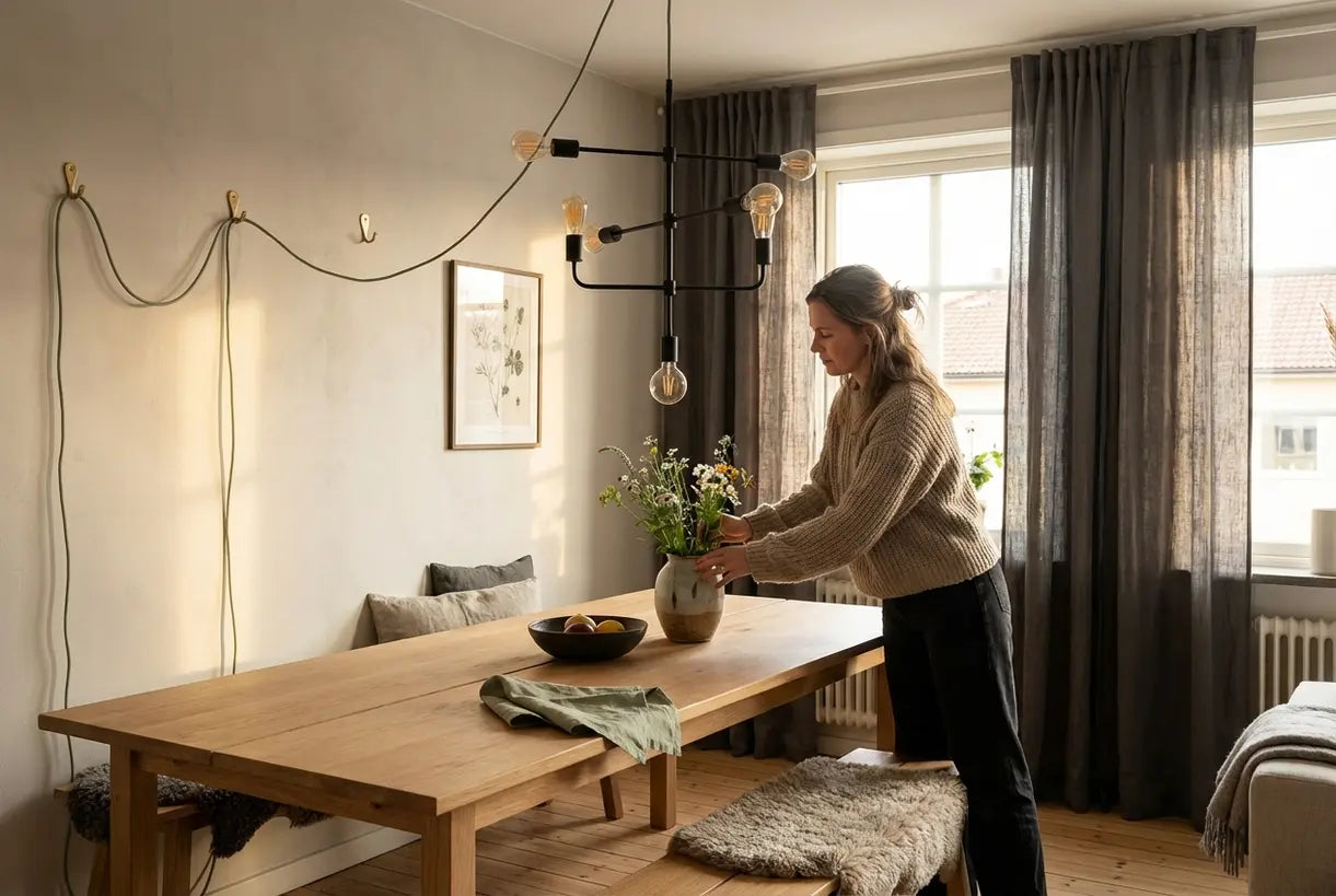 Scandinavische eetkamer met insteekbare kroonluchter boven eiken tafel, warme natuurlijke verlichting en hygge decor
